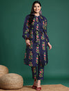 Sangria Pure Cotton Floral Print Kurta with Attached Jacket & Trousers
