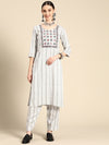 Sangria Women Off White & Black Yoke Design Thread Work Kurta with Palazzos