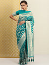 House of Pataudi Teal & Gold-Toned Ethnic Motifs Zari Silk Blend Banarasi Saree