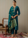House of Pataudi Blue Ethnic Motifs Straight Kurta & Trousers With Dupatta