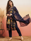 Sangria Navy Blue Floral Printed Mirror Work Straight Kurta With Trouser & Dupatta