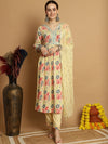 Sangria Floral Printed V-Neck Kurta With Trouser & Dupatta