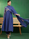 Sangria Blue Yoke Design Printed Georgette A-Line Empire Kurta With Trousers & Dupatta