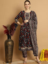 Sangria Grey & Red Floral Printed Gotta Patti Anarkali Kurta & Trouser With Dupatta