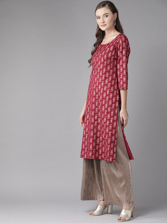 anayna Women Maroon & Golden Printed Straight Kurta