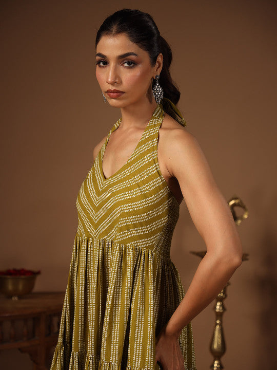 anayna Ethnic Motifs Printed Smocked Fit & Flare Midi Dress