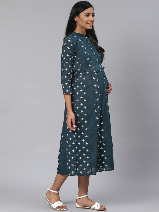Women Navy Blue & White Printed Pure Cotton Maternity A-Line Dress