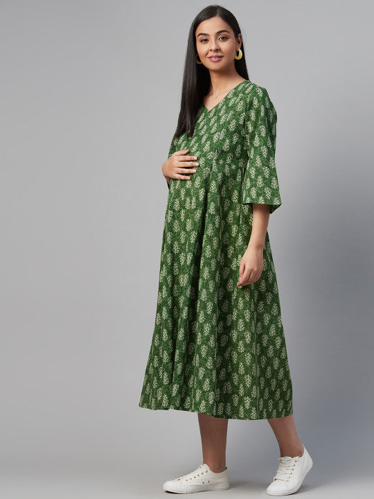 Women Green & Off-White Printed Maternity A-Line Dress