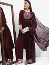 Vishudh Burgandy Ethnic Motifs Embroidered Empire A-line Kurta With Palazzos & Dupatta - XXL