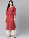 PIROH Womens Cotton Stripe Print Straight Kurta Red