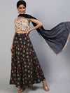 AKS Navy Blue & White Printed Ready to Wear Lehenga & Blouse With Dupatta