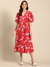 Anayna Floral Print Puff Sleeves Pure Cotton A-Line Midi Dress