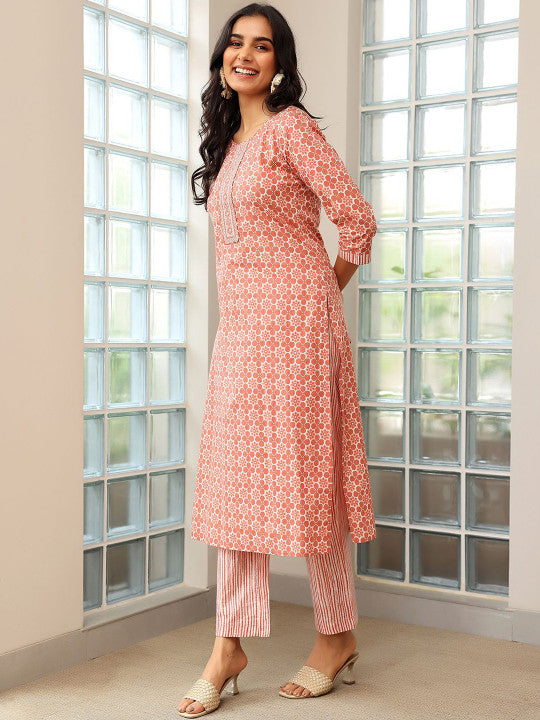Libas Women Ethnic Motifs Printed Regular Sequinned Pure Cotton Kurta with Trousers & With Dupatta