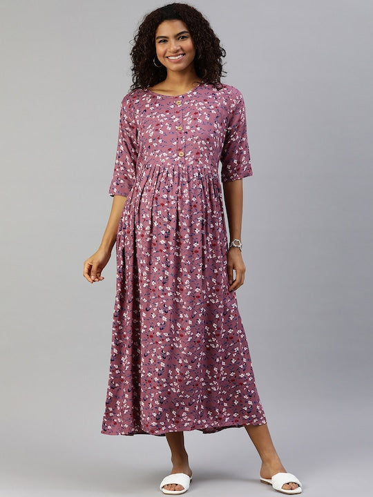 MomToBe Mauve Floral Printed Maternity Nursing Maxi Dress, XL