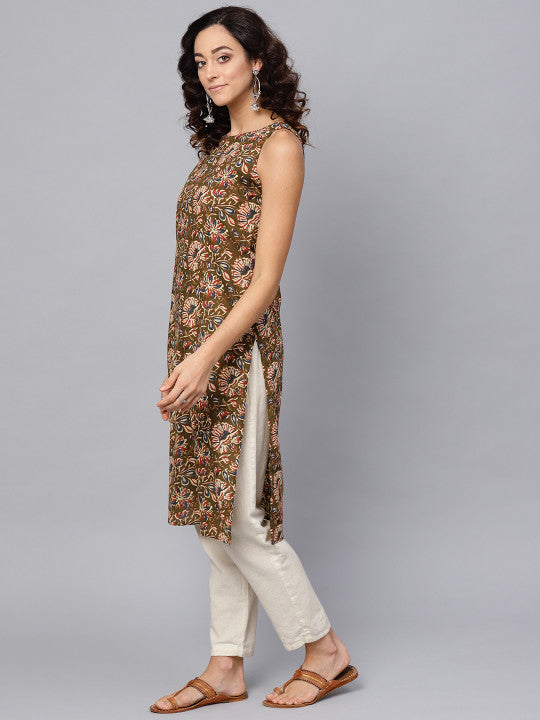 anayna Women Olive Brown & Cream-Coloured Floral Printed Straight Kurta