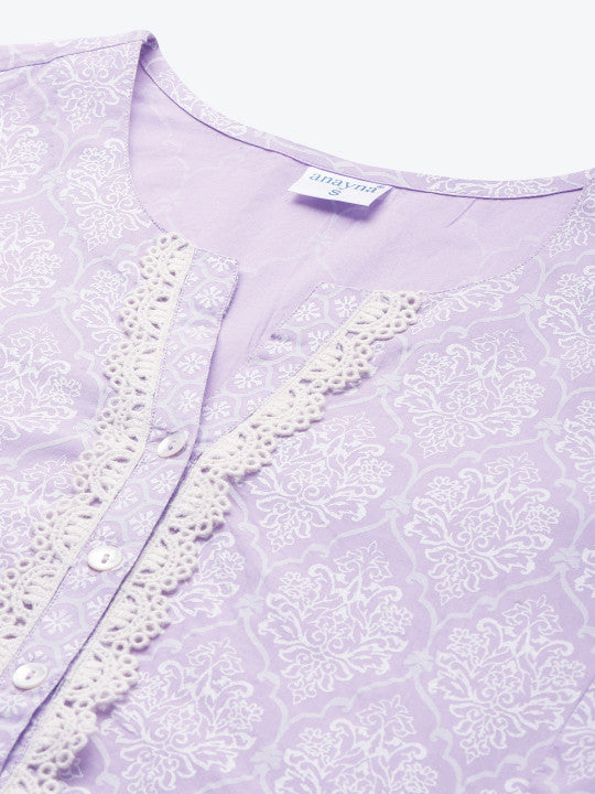 anayna Women Lavender & White Printed Kurta with Palazzos