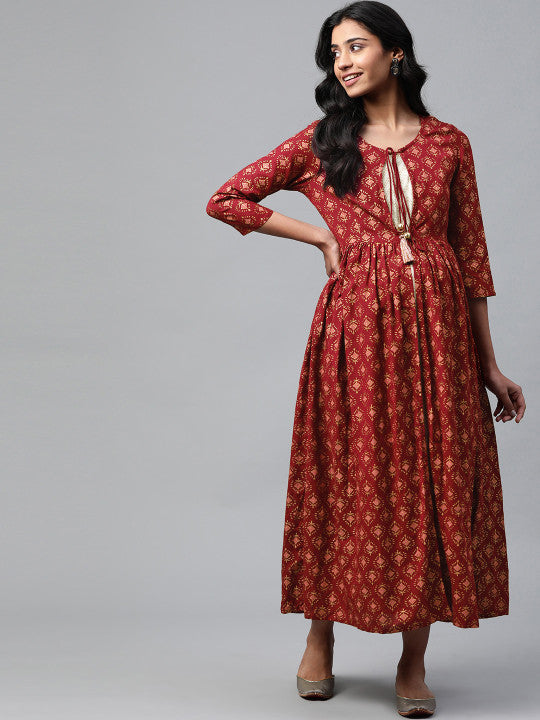 Anayna Maroon & Golden Block Print Cotton Layered Maxi Nursing Dress, M