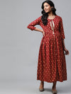 Anayna Maroon & Golden Block Print Cotton Layered Maxi Nursing Dress