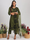 Tikhi Imli Olive Green Floral Embroidered Straight Kurta With Trousers & Dupatta