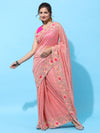 Kasee Peach-Coloured & Red Floral Embroidered Sequinned Net Heavy Work Saree