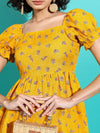 Vishudh Mustard Yellow Floral Printed Square Neck Puff Sleeves Smocked Fit & Flare Dress