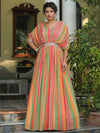 Scakhi Candy Striped Maxi Length Gown Ethnic Dress With Belt And Attached Cape