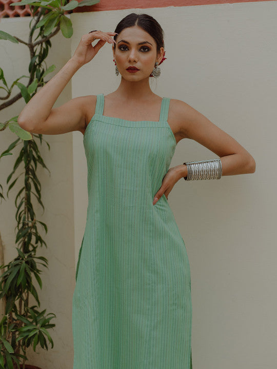 anayna Women Green Pure Cotton Kantha Work Striped Kurta