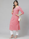 PIROH Womens Printed & Embroidered Straight Kurta Pink