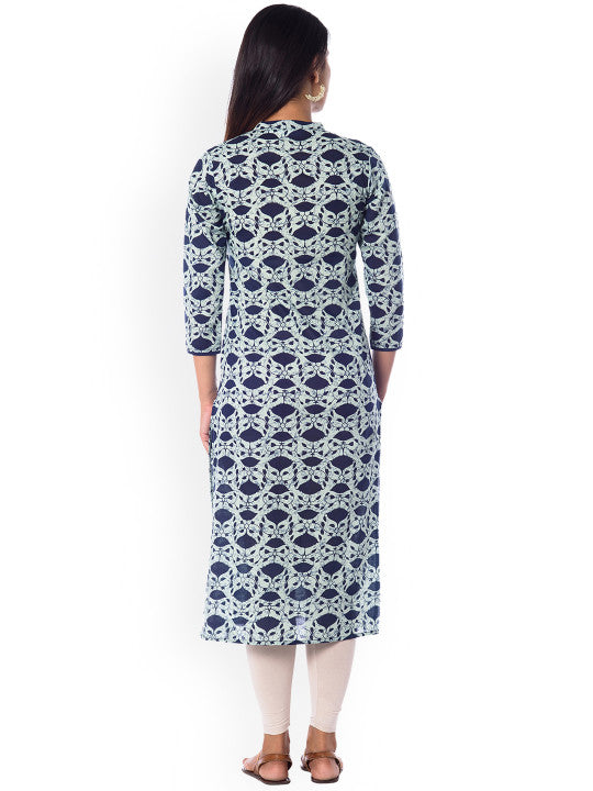 Women Navy Blue & Off-White Printed Straight Kurta