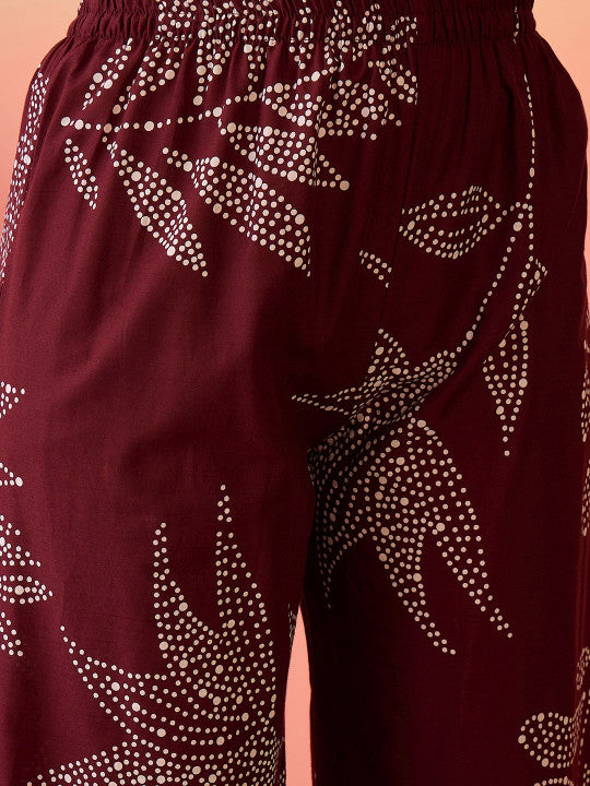 Sangria Floral Printed Beads And Stone Pure Cotton A-line Kurta With Palazzo