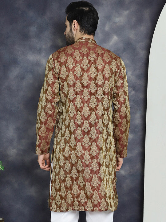Maroon Ethnic Motifs Woven Design Jacquard Straight Cotton Silk Kurta