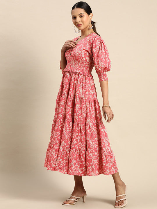 anayna Floral Printed Smocked Fit & Flare Maxi Dress