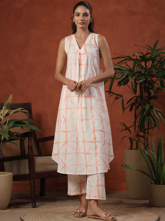 anayna Geometric Printed Pleated V-Neck Pure Cotton A-Line Kurta With Trousers