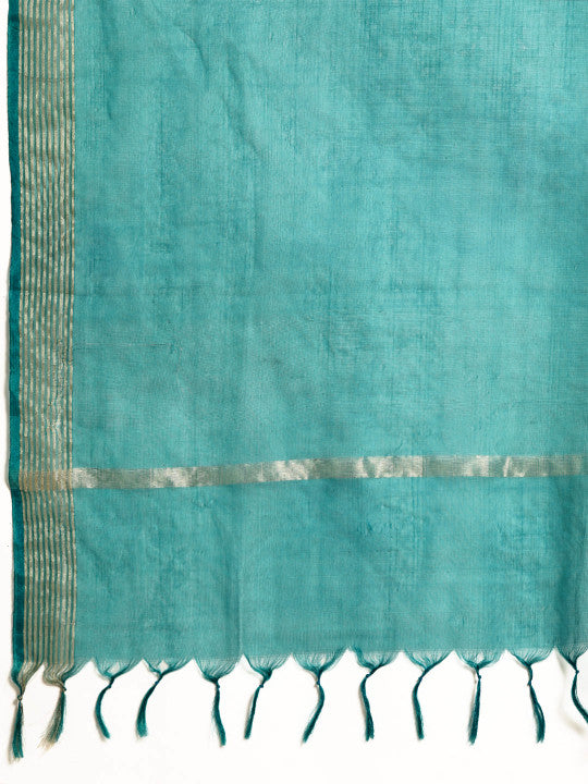 Women Yellow & Teal Blue Woven Design Kurta with Trousers & Dupatta