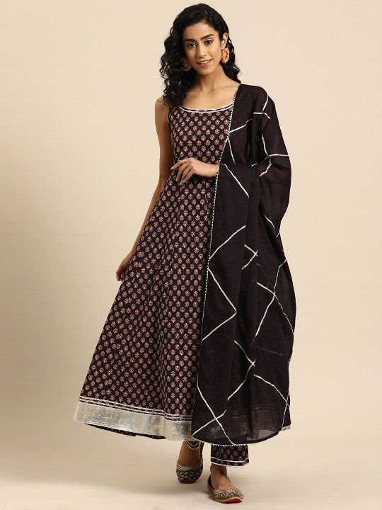 anayna Women Printed Anarkali Gotta Patti Pure Cotton Kurta with Palazzos & With Dupatta