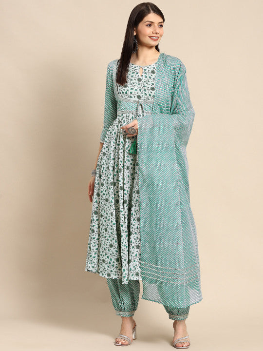 anayna Women Green Ethnic Motifs Printed Pure Cotton Kurta with Salwar & Dupatta