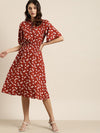 All about you Rust Red & White Floral Printed Smocked Detailing Fit and Flare Dress