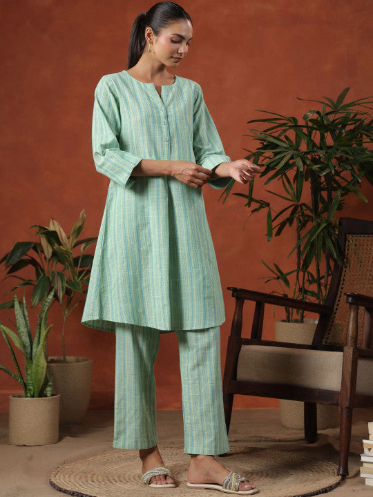 anayna Women Striped Pure Cotton Kurta with Trousers