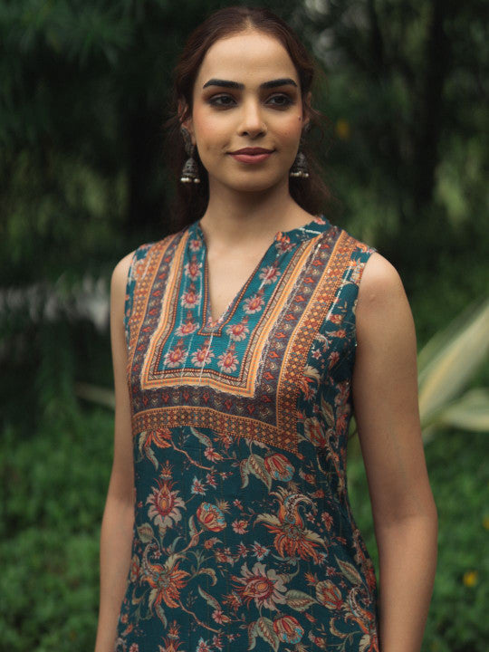 anayna Floral Printed Mandarin Collar Straight Kurta With Trousers