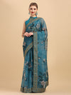 Sangria Teal & White Floral Embroidered Organza Saree