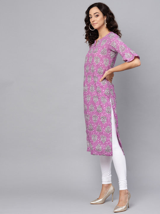 Women Purple & Off-White Printed Straight Kurta