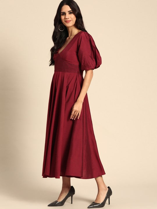 anayna Maroon Solid Balloon Sleeves Midi Dress