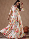 Scakhi Floral Printed Cuffed Sleeves Embellished Satin Silk Empire Ethnic Dress