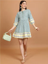 Vishudh Blue Floral Printed Tie-Up Neck Puffed Sleeves Fit & Flare Mini Dress