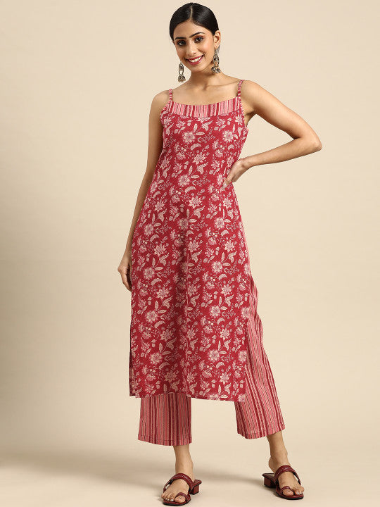 Women Red & Off-White Ethnic Motifs Printed Pure Cotton Kurta with Trousers