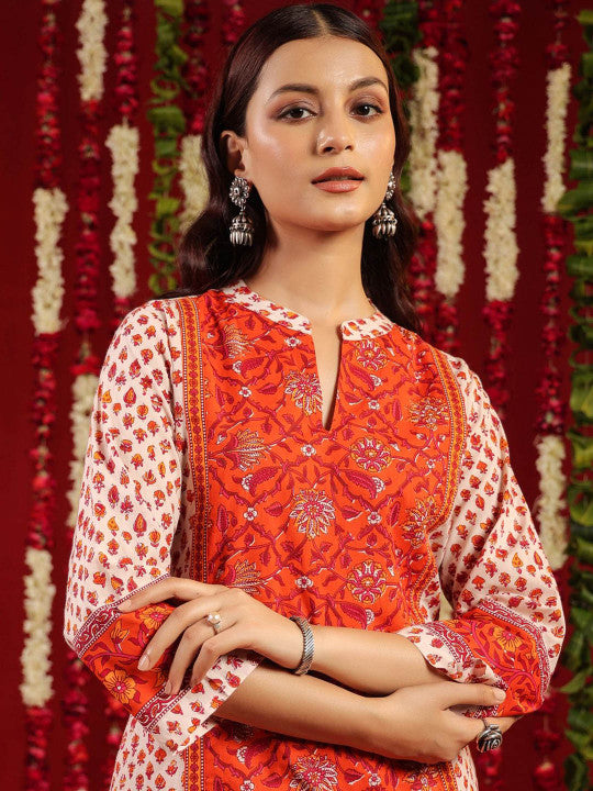 anayna Floral Printed Mandarin Collar Straight Pure Cotton Kurta With Trousers