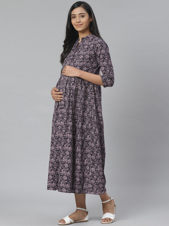 Women Navy Blue & Pink Printed Pure Cotton Maternity A-Line Dress