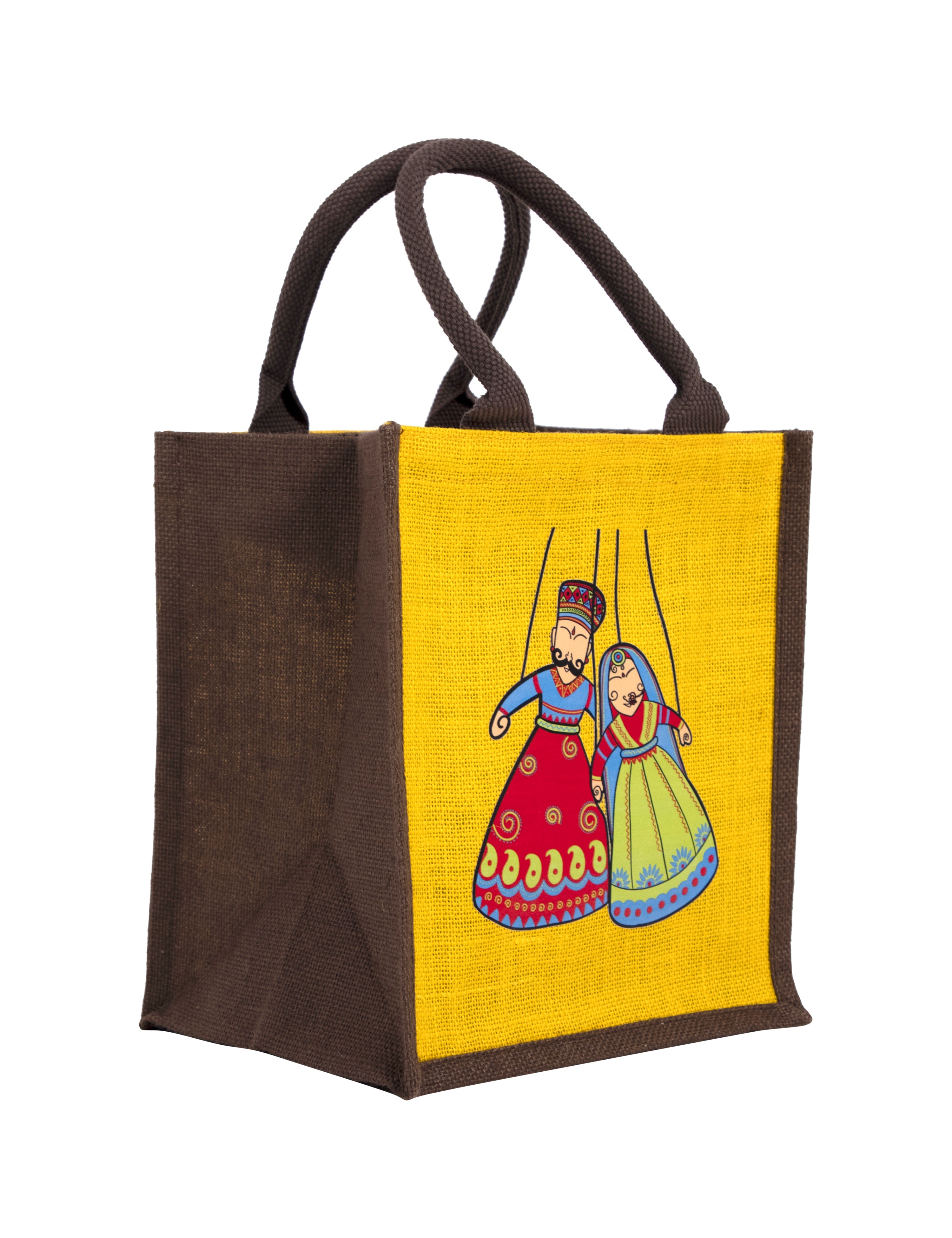 JUTE COTTAGE PUPPET PRINT ZIPPER LUNCH BAG, SUSTAINABLE, ECO-FRIENDLY, 100% GENUINE, STYLISH (YELLOW/BROWN 11X10X7)