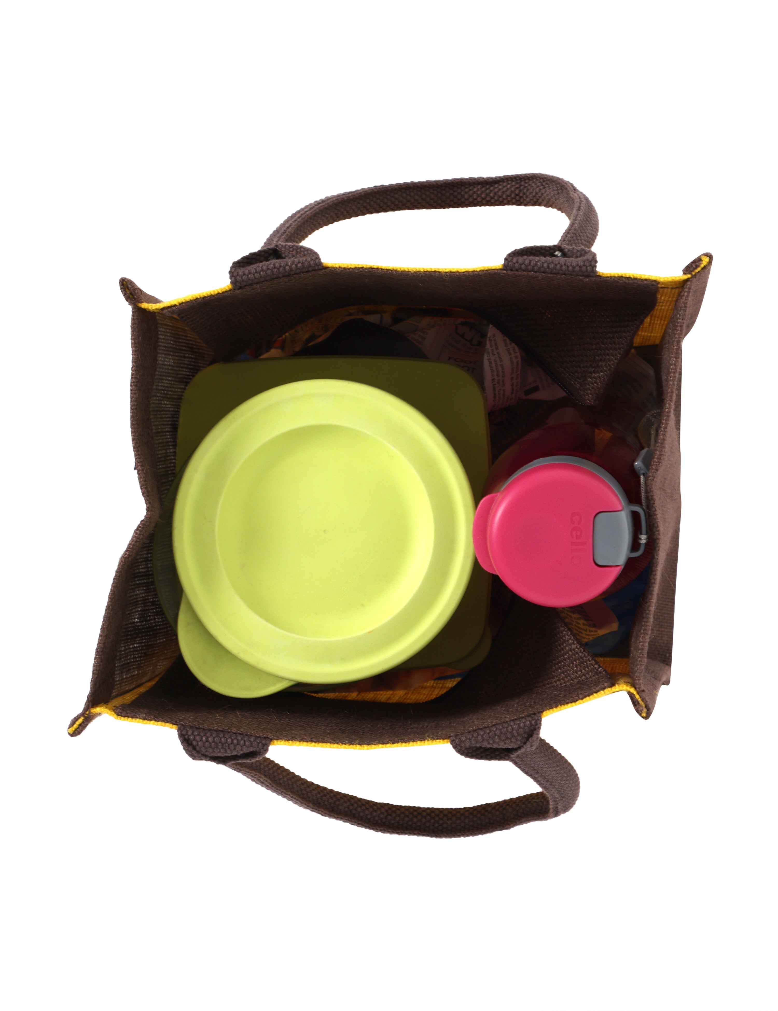 JUTE COTTAGE PUPPET PRINT ZIPPER LUNCH BAG, SUSTAINABLE, ECO-FRIENDLY, 100% GENUINE, STYLISH (YELLOW/BROWN 11X10X7)