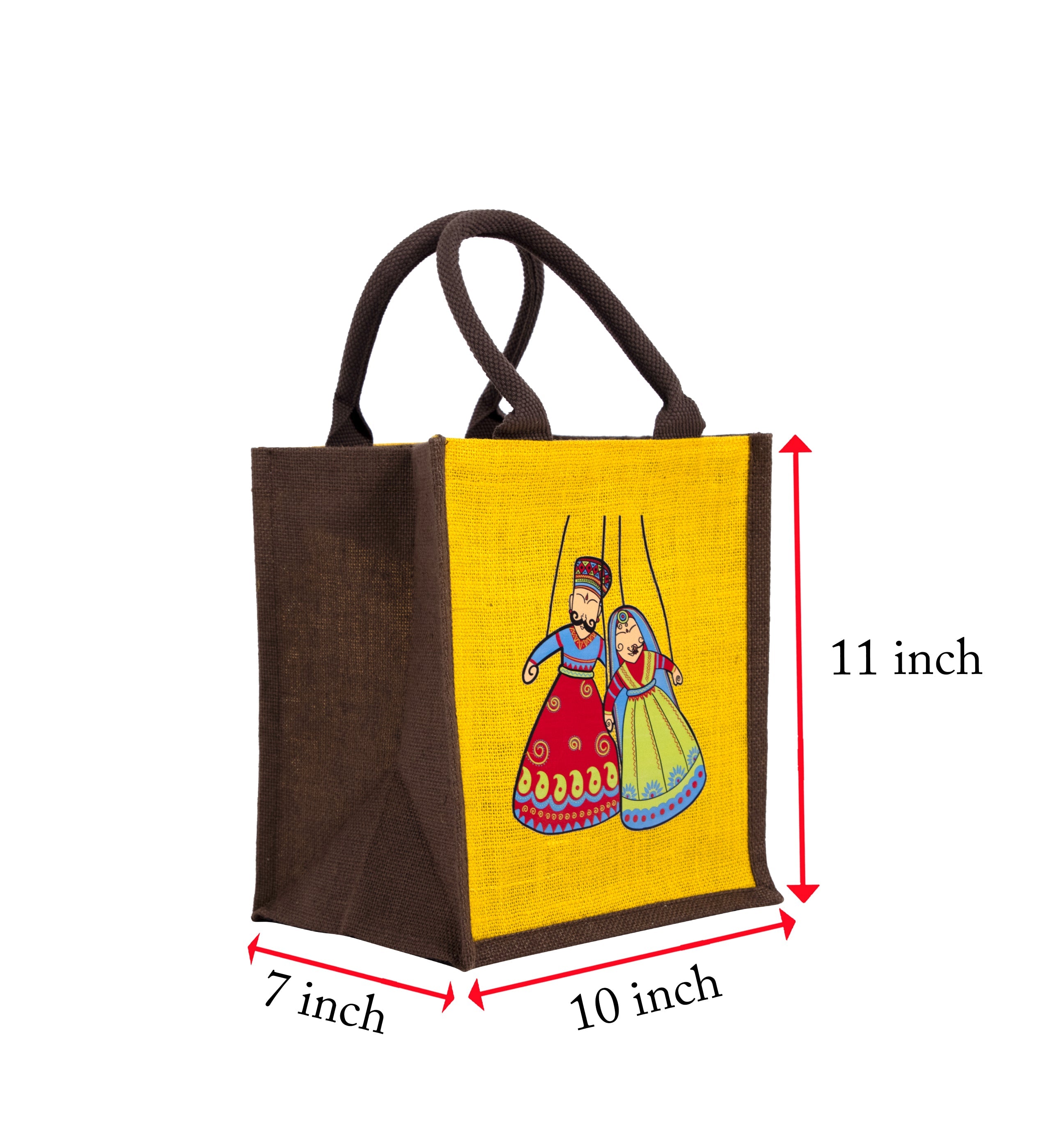 JUTE COTTAGE PUPPET PRINT ZIPPER LUNCH BAG, SUSTAINABLE, ECO-FRIENDLY, 100% GENUINE, STYLISH (YELLOW/BROWN 11X10X7)